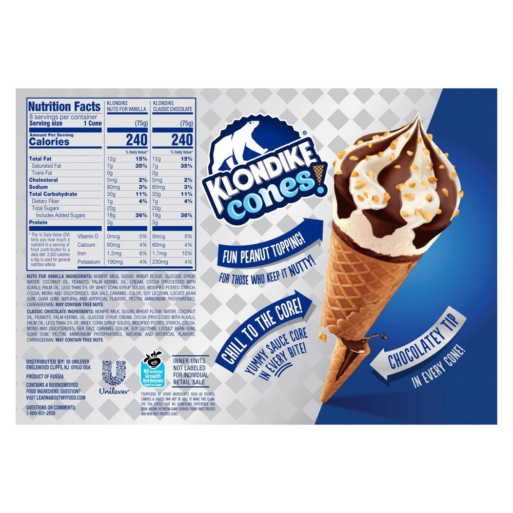 slide 2 of 7, Klondike Cones Classic Chocolate & Nuts For Vanilla Frozen Dairy Dessert Cones, 8 ct; 3.75 fl oz