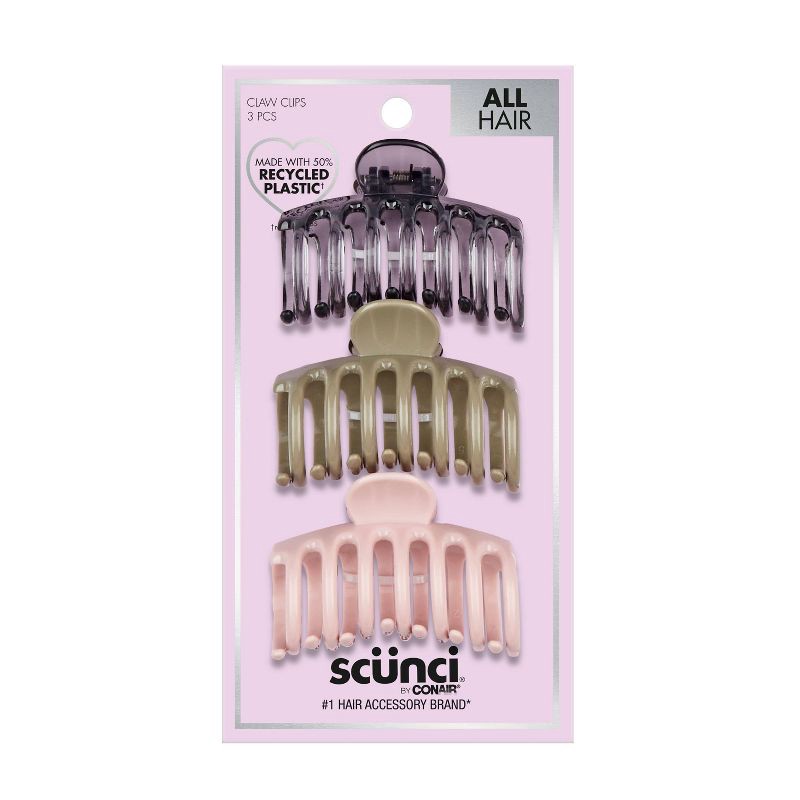 slide 1 of 5, scunci scünci Recycled Barrel Shape Claw Clips - Black/Olive/Pink - All Hair - 3pk, 3 ct