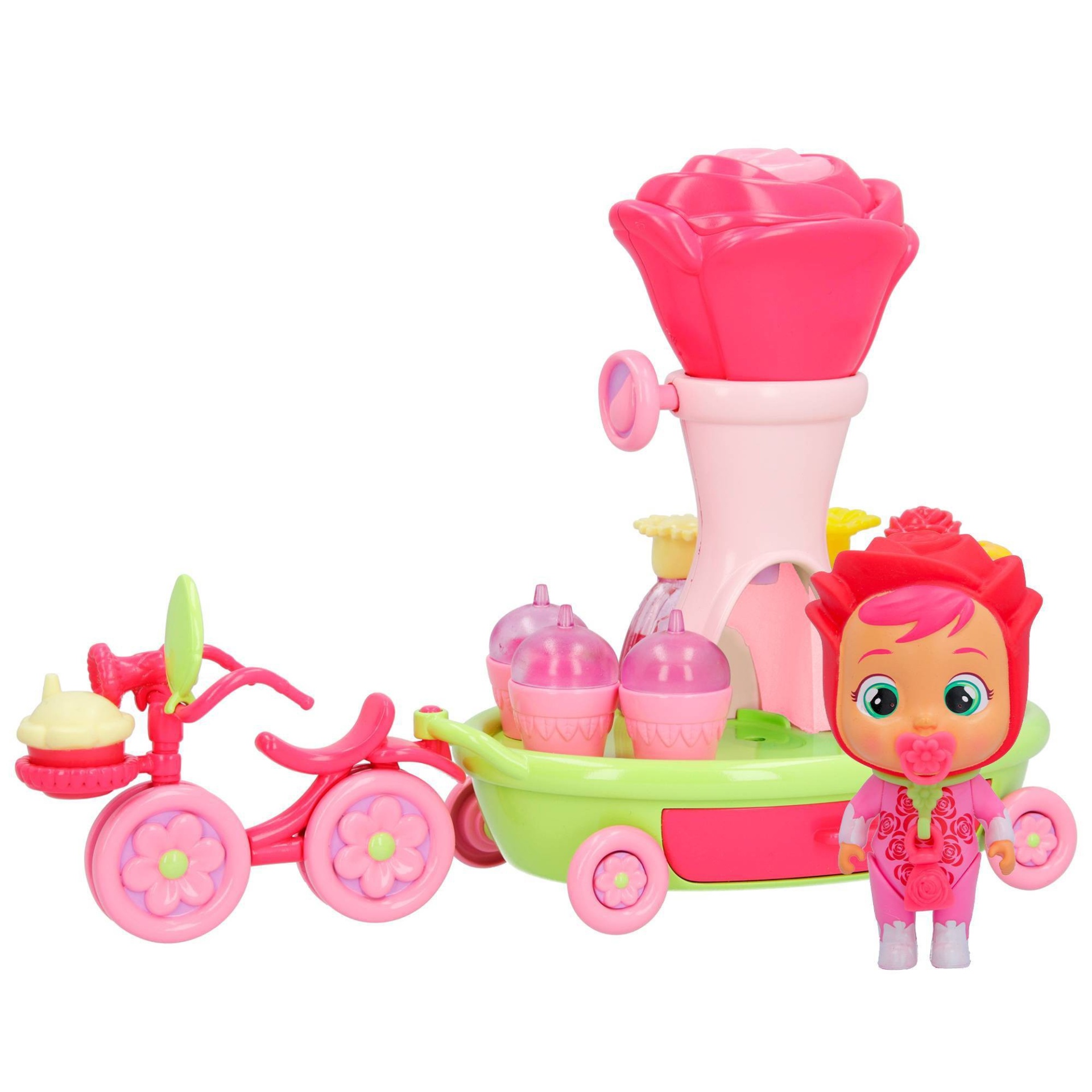 slide 1 of 6, Cry Babies Magic Tears Happy Flowers Rose's Bike Cart Playset Baby Doll, 1 ct