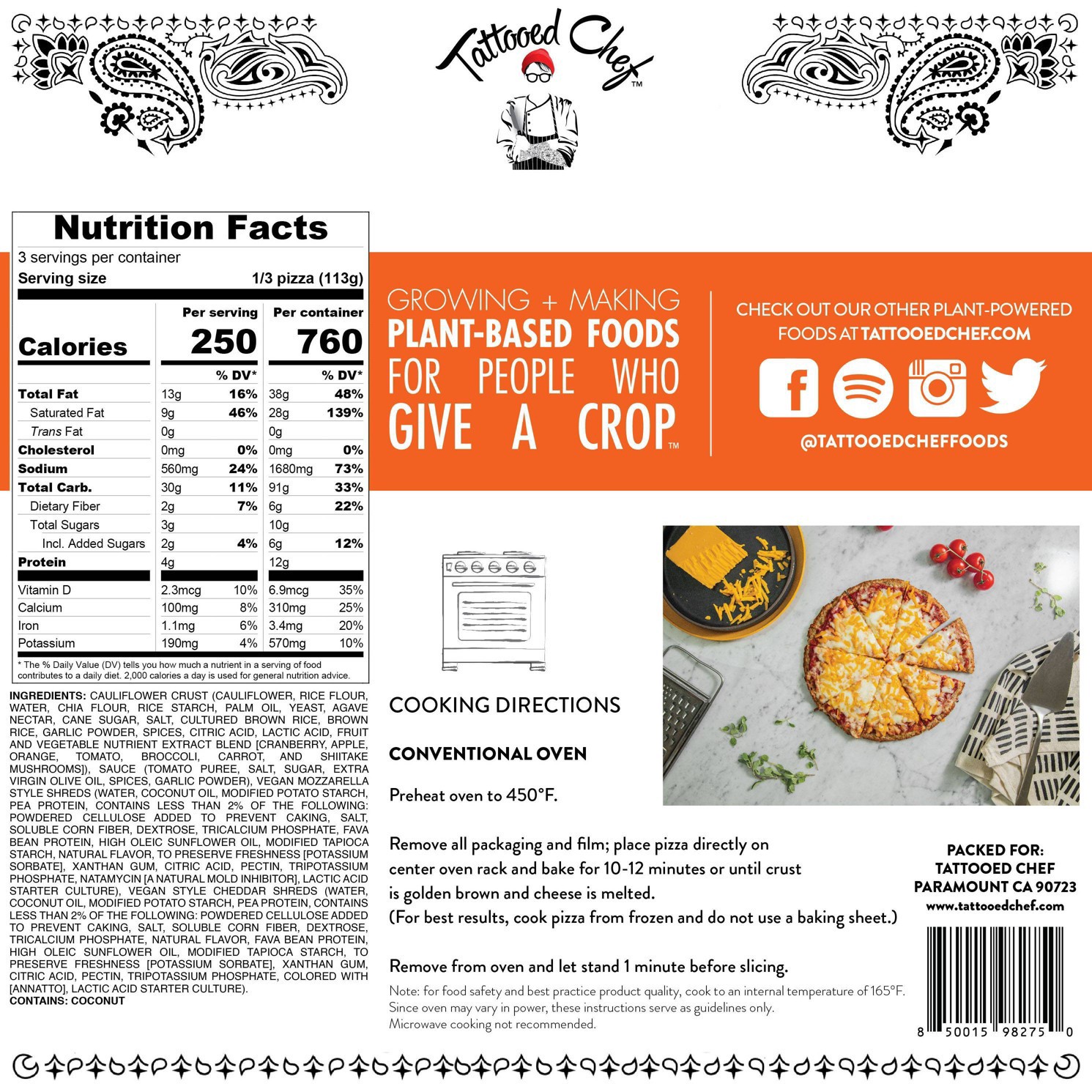 slide 3 of 4, Tattooed Chef Cauliflower Crust Plant-Based Cheese Pizza, 11 oz