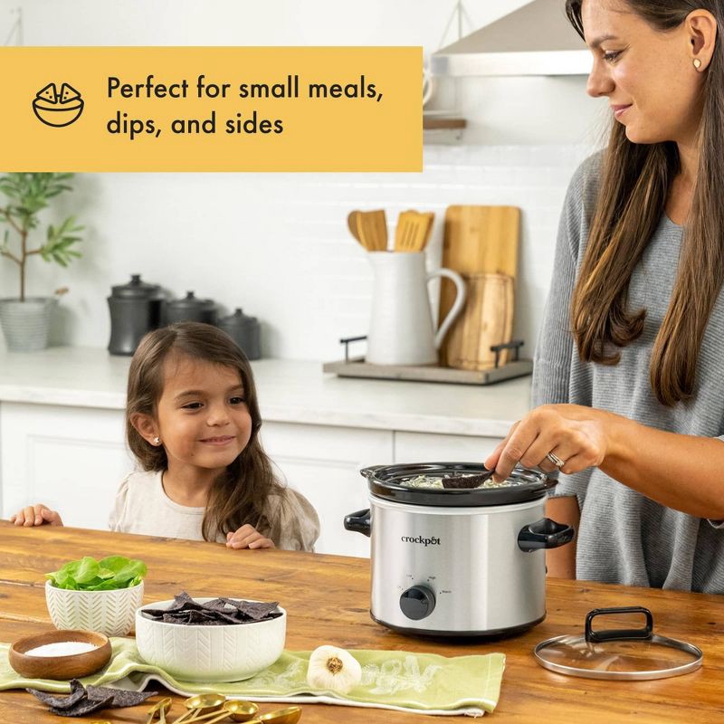slide 3 of 7, Crock-Pot 2qt Manual Slow Cooker - Stainless Steel: 3 Settings, Reheat & Warmer, Stay-Cool Handles, Dishwasher-Safe Parts, 2 qt