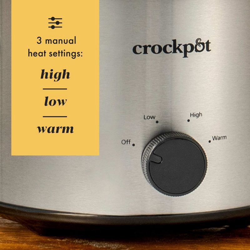 slide 4 of 7, Crock-Pot 2qt Manual Slow Cooker - Stainless Steel: 3 Settings, Reheat & Warmer, Stay-Cool Handles, Dishwasher-Safe Parts, 2 qt