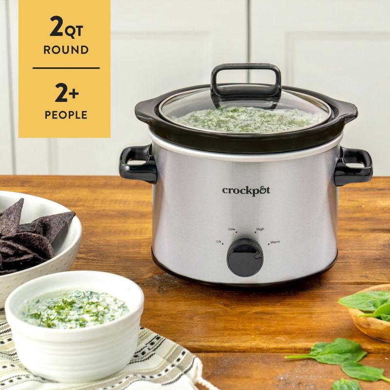 slide 6 of 7, Crock-Pot 2qt Manual Slow Cooker - Stainless Steel: 3 Settings, Reheat & Warmer, Stay-Cool Handles, Dishwasher-Safe Parts, 2 qt