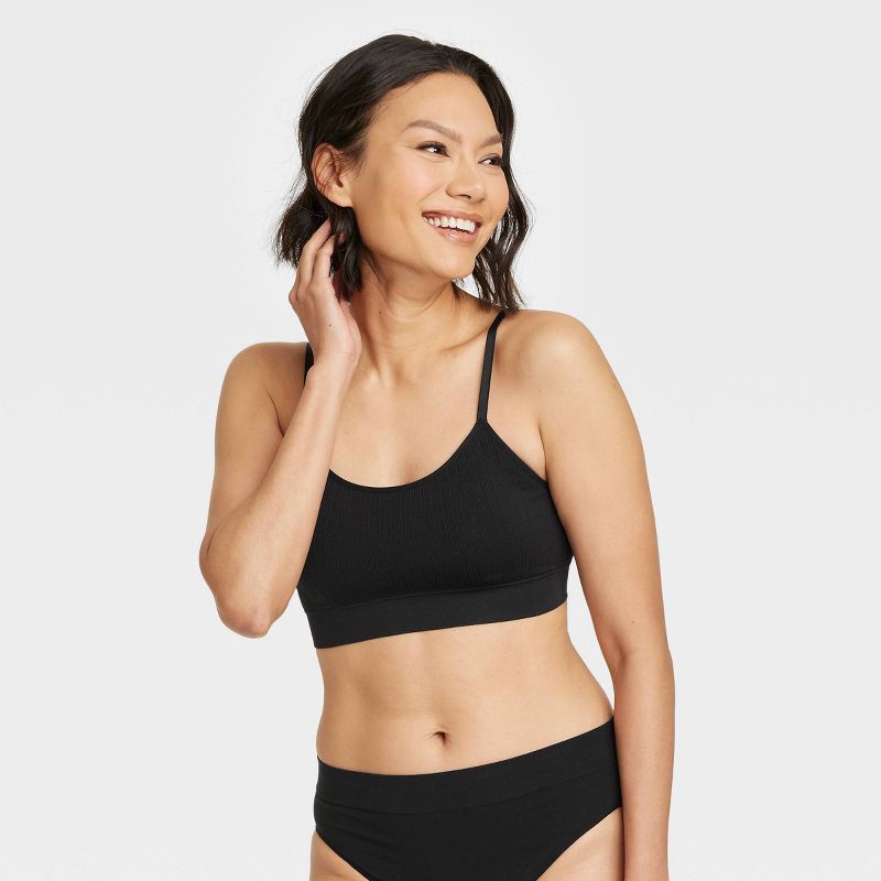 slide 1 of 5, Women's Ribbed Seamless Bralette - Auden™ Black M: Nylon Spandex Blend, Removable Cup, Machine Washable, Tumble Dry, 1 ct