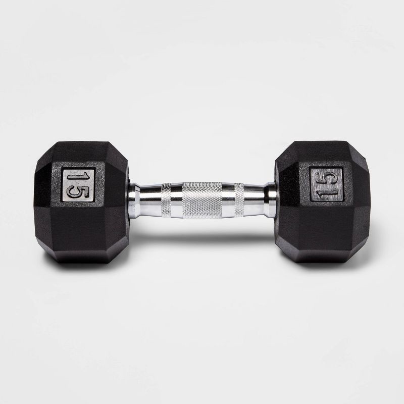 slide 2 of 3, Hex Dumbbell 15lbs Black - All In Motion™: Rubber Coated, Chrome Handle, Single Piece, 15 lb