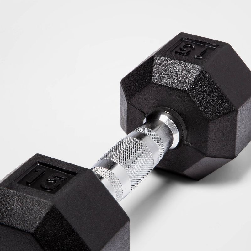 slide 3 of 3, Hex Dumbbell 15lbs Black - All In Motion™: Rubber Coated, Chrome Handle, Single Piece, 15 lb