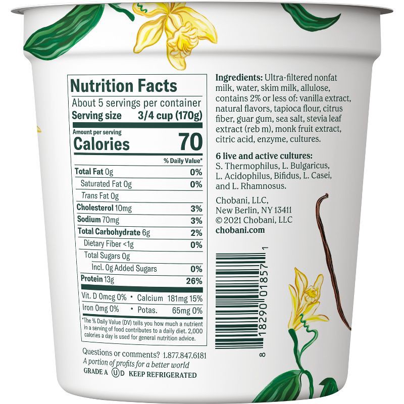 slide 7 of 9, Chobani Zero Sugar Vanilla Nonfat Greek Yogurt - 13g Protein 32oz, 13 gram, 32 oz