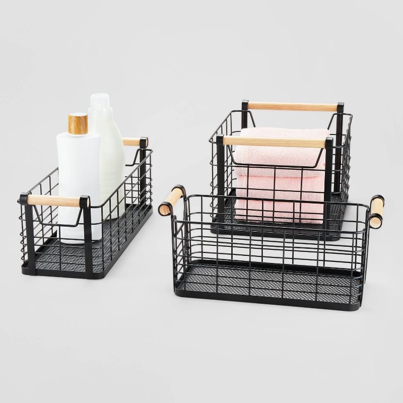 slide 4 of 4, Small Wire Natural Wood Handles Milk Crate Black - Brightroom™: Metal Storage Basket, Powder-Coated, Cut-Out Handles, 1 ct