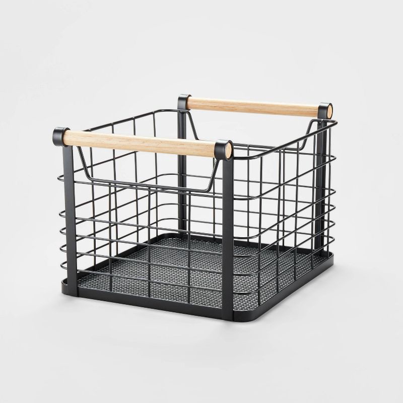 slide 1 of 4, Small Wire Natural Wood Handles Milk Crate Black - Brightroom™: Metal Storage Basket, Powder-Coated, Cut-Out Handles, 1 ct