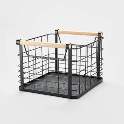 Small Wire Wood Handles Milk Crate Black - Brightroom™: Square Decorative Basket, Iron & Wood, 13" Cube Compatible
