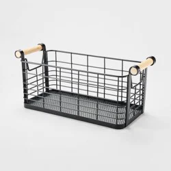 6.25 '' x 13.75" x 6" Small Rectangular Wire Natural Wood Handles Basket Black - Brightroom™: Metal Storage, Powder-Coated