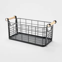 6.25 '' x 13.75" x 6" Small Rectangular Wire Natural Wood Handles Basket Black - Brightroom™: Metal Storage, Powder-Coated