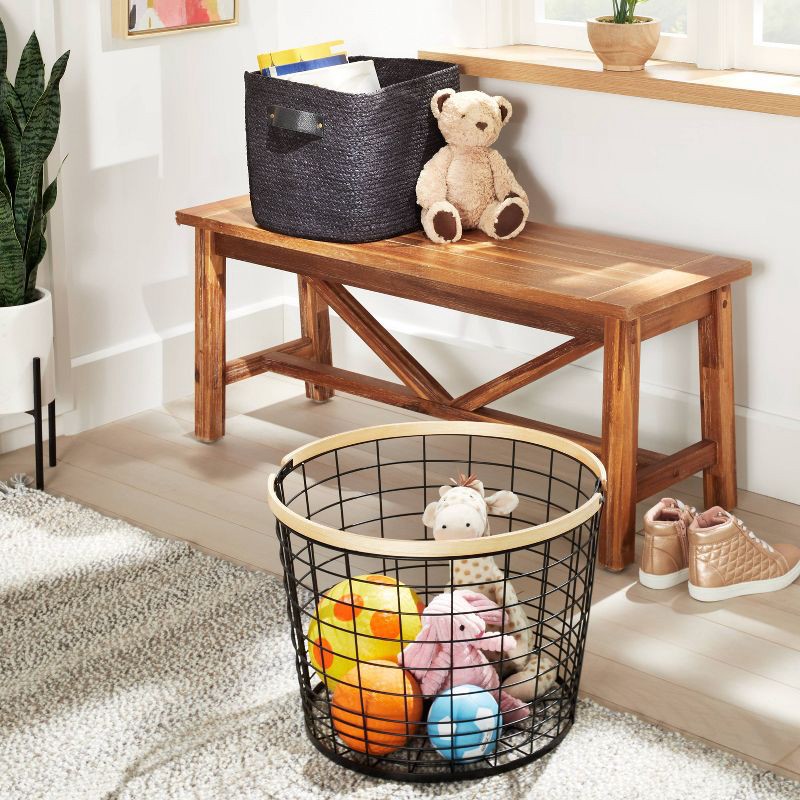 slide 2 of 5, Round Black Wire with Natural Wood Handles Floor Basket - Brightroom™, 1 ct