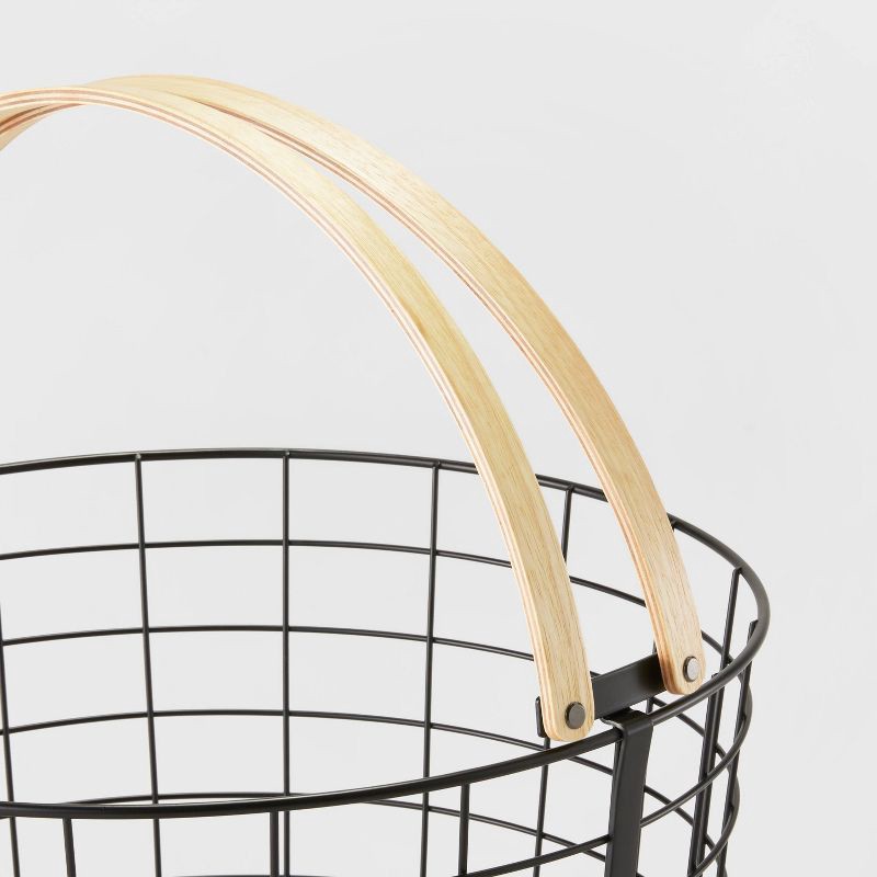slide 3 of 5, Round Black Wire with Natural Wood Handles Floor Basket - Brightroom™, 1 ct