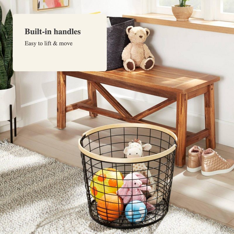 slide 4 of 5, Round Black Wire with Natural Wood Handles Floor Basket - Brightroom™, 1 ct