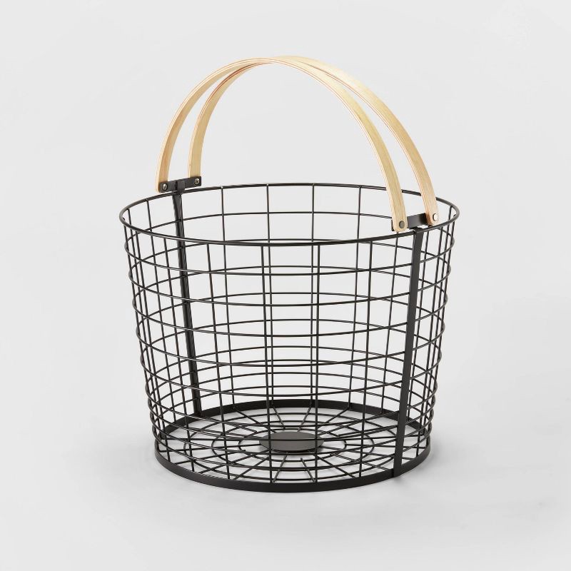 slide 5 of 5, Round Black Wire with Natural Wood Handles Floor Basket - Brightroom™, 1 ct