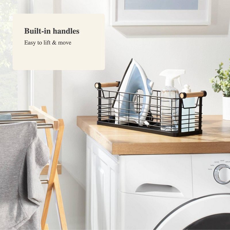 slide 4 of 5, 6.25'' x 17.75'' x 6'' Medium Rectangular Wire Natural Wood Handles Basket Black - Brightroom™, 1 ct