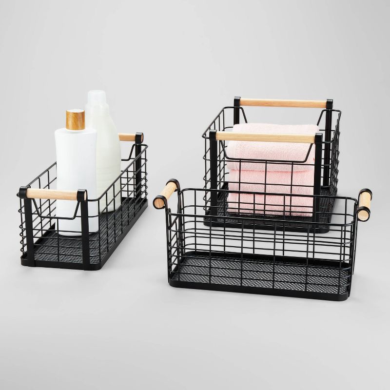 slide 4 of 4, 16" x 6" x 6" Medium Rectangular Wire Natural Wood Handles Basket Black - Brightroom™: Metal Storage & Organization, 1 ct