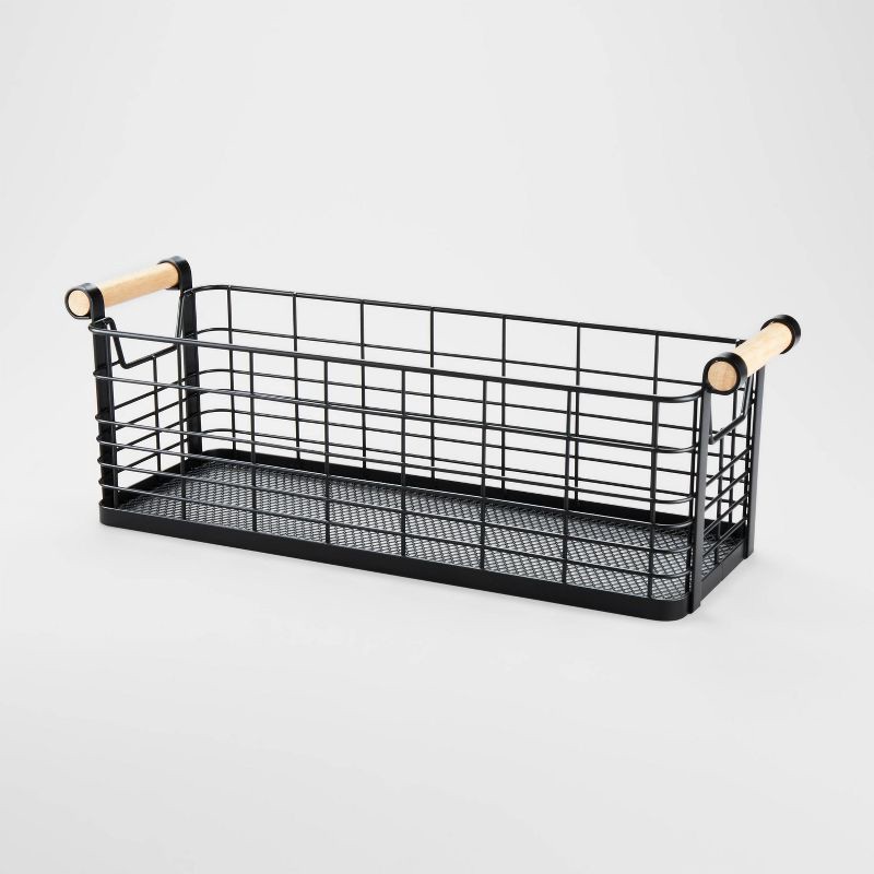 slide 1 of 4, 16" x 6" x 6" Medium Rectangular Wire Natural Wood Handles Basket Black - Brightroom™: Metal Storage & Organization, 1 ct