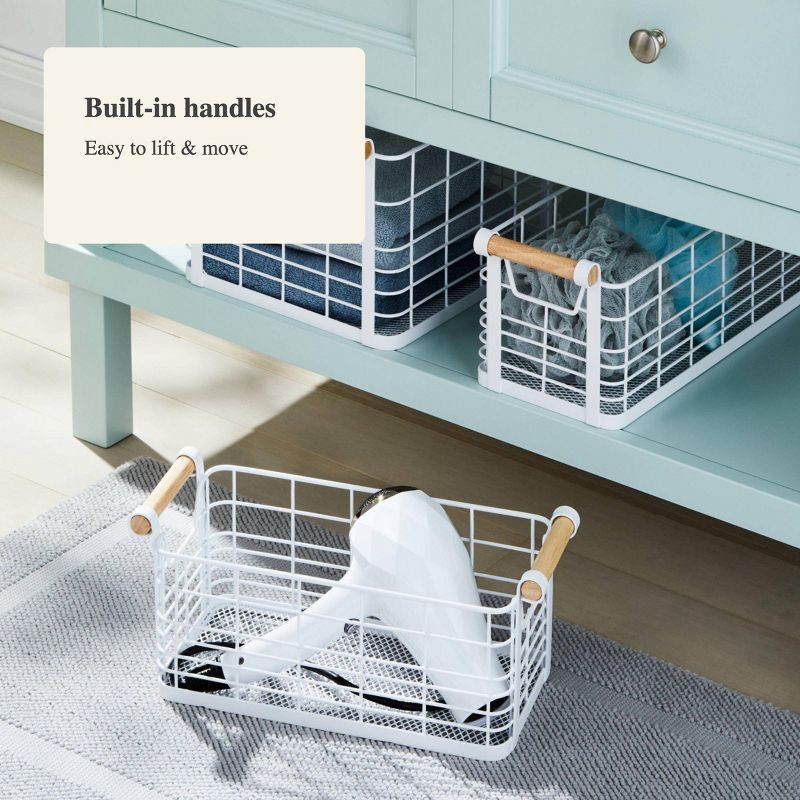 slide 4 of 5, 6.25 '' x 13.75" x 6" Small Rectangular Wire Natural Wood Basket with Handles White - Brightroom™, 1 ct