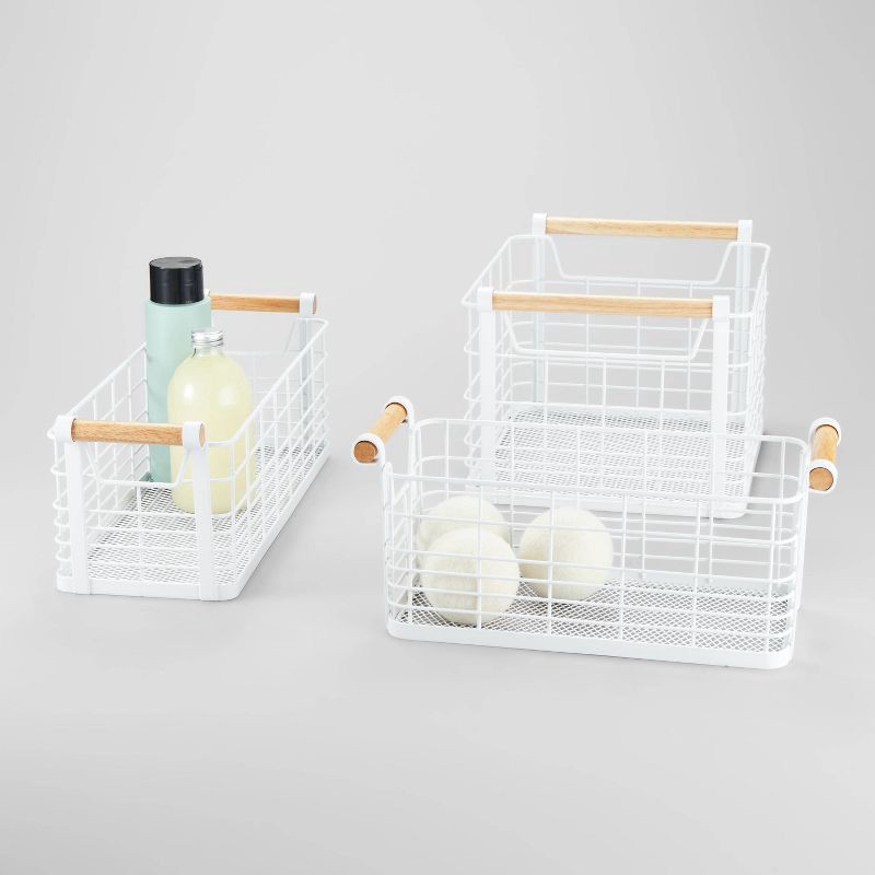 slide 5 of 5, 6.25 '' x 13.75" x 6" Small Rectangular Wire Natural Wood Basket with Handles White - Brightroom™, 1 ct