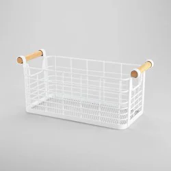 6.25 '' x 13.75" x 6" Small Rectangular Wire Natural Wood Basket with Handles White - Brightroom™