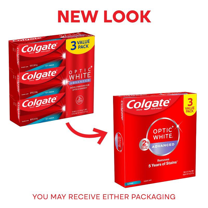 slide 3 of 9, Colgate Optic White Adv Whitening Toothpaste Icy Fresh - 3.2oz/3pk, 3 ct; 3.2 oz