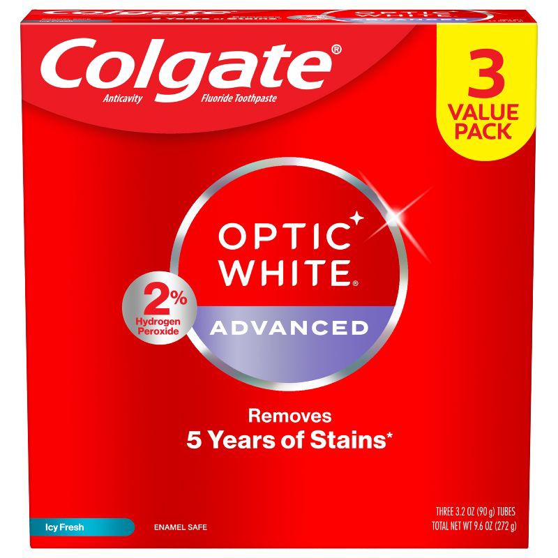 slide 10 of 12, Colgate Optic White Adv Whitening Toothpaste Icy Fresh - 3.2oz/3pk, 3 ct; 3.2 oz