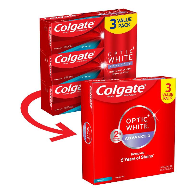 slide 1 of 9, Colgate Optic White Adv Whitening Toothpaste Icy Fresh - 3.2oz/3pk, 3 ct; 3.2 oz