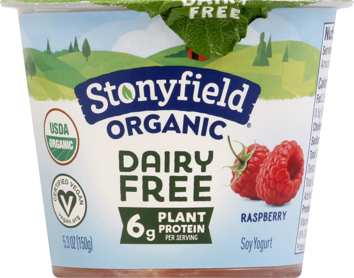 slide 2 of 10, Stonyfield Raspberry Bottom Soy Yogurt, 6 oz