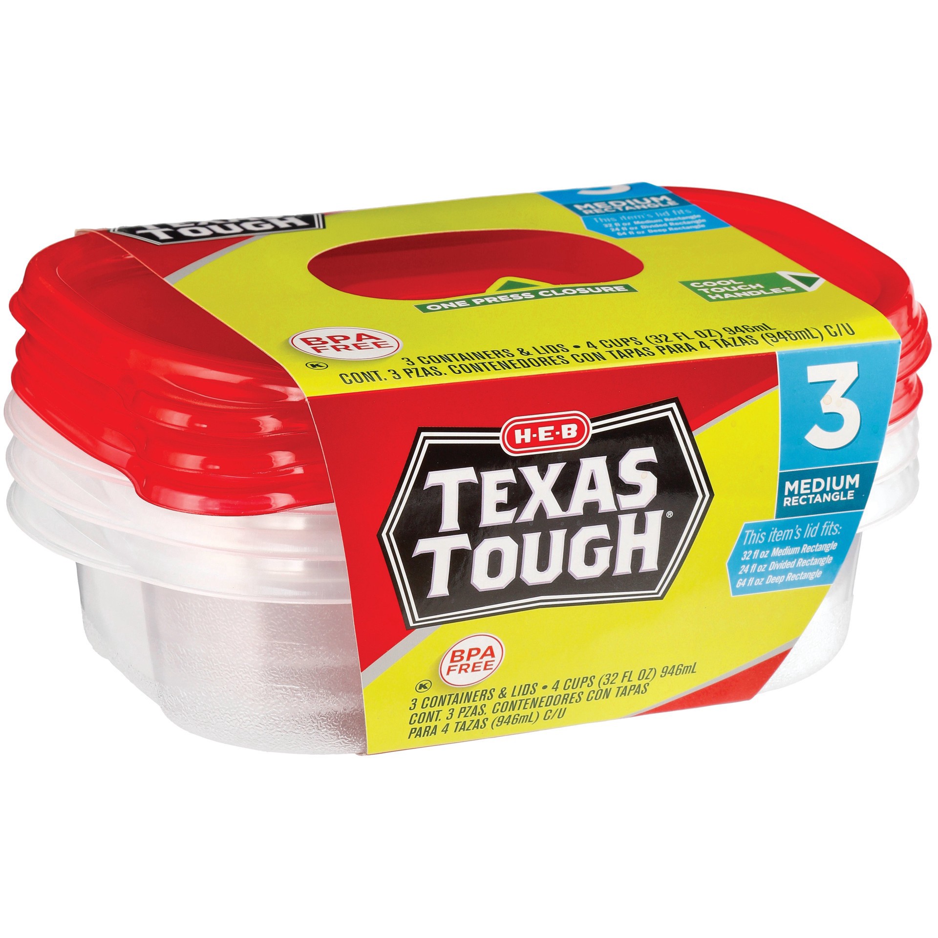 slide 1 of 1, Texas Tough Medium Rectangle Food Storage Containers, 3 ct; 32 oz