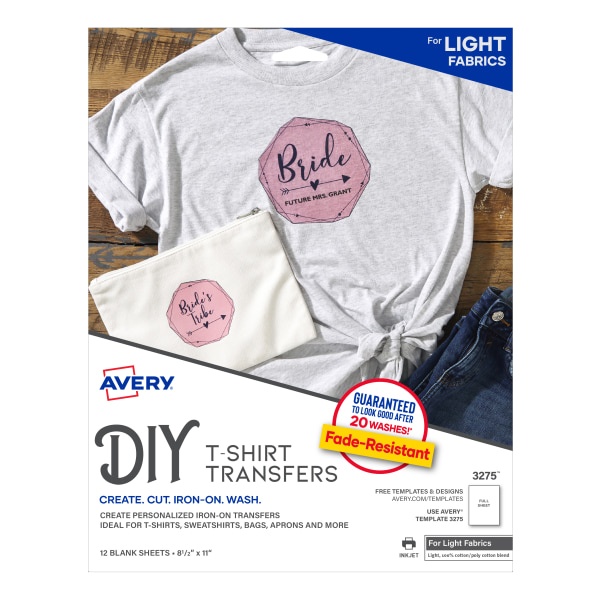slide 1 of 5, Avery Inkjet Printer T-Shirt Transfer Paper, Letter Size, 12 ct