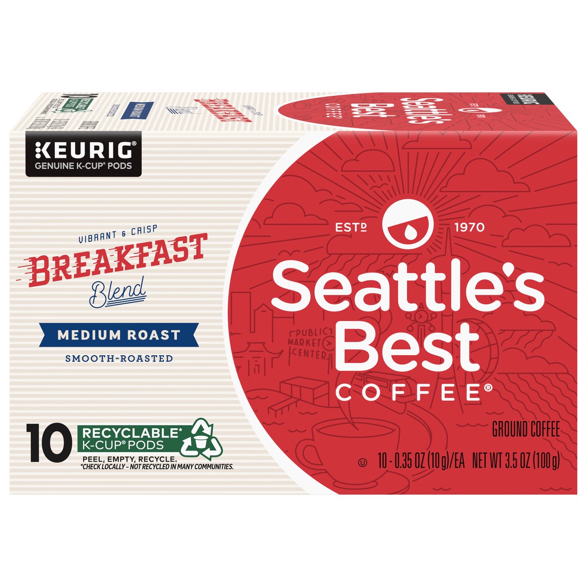 slide 1 of 9, Seattle's Best Coffee K-Cup Pods Ground Medium Roast Breakfast Blend Coffee 10 - 0.35 oz ea, 10 ct