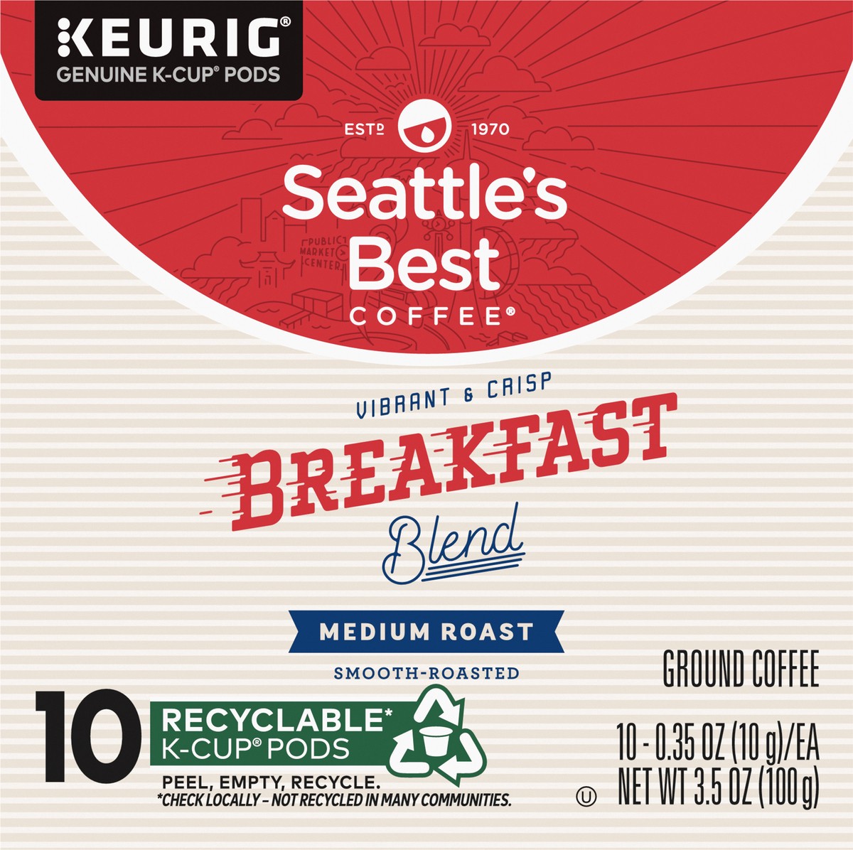slide 7 of 9, Seattle's Best Coffee K-Cup Pods Ground Medium Roast Breakfast Blend Coffee 10 - 0.35 oz ea, 10 ct