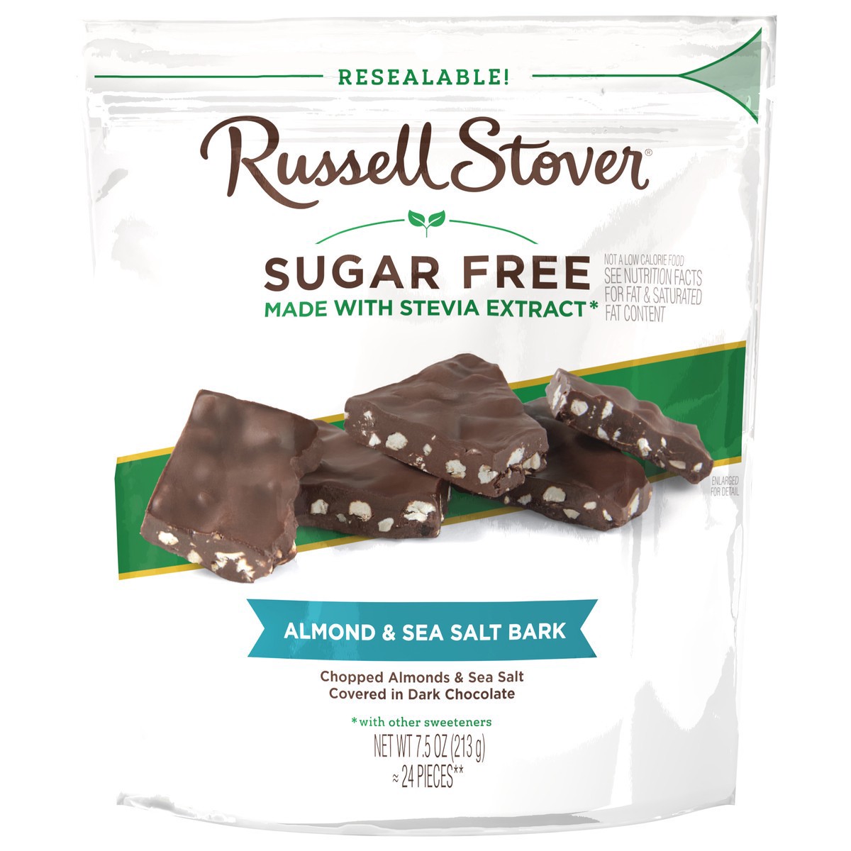 slide 1 of 13, RUSSELL STOVER Sugar Free Dark Chocolate Almond & Sea Salt Bark, 7.5 oz bag, 7.5 oz