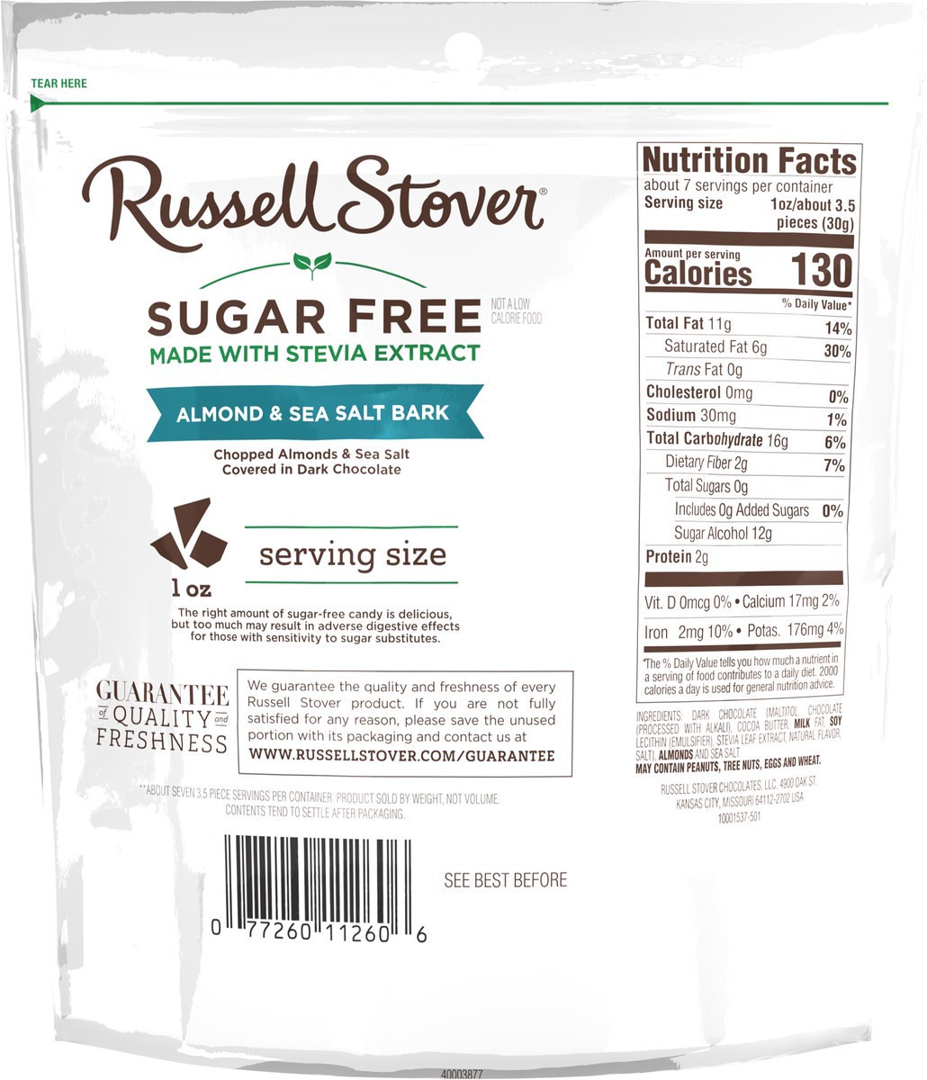 slide 6 of 13, RUSSELL STOVER Sugar Free Dark Chocolate Almond & Sea Salt Bark, 7.5 oz bag, 7.5 oz