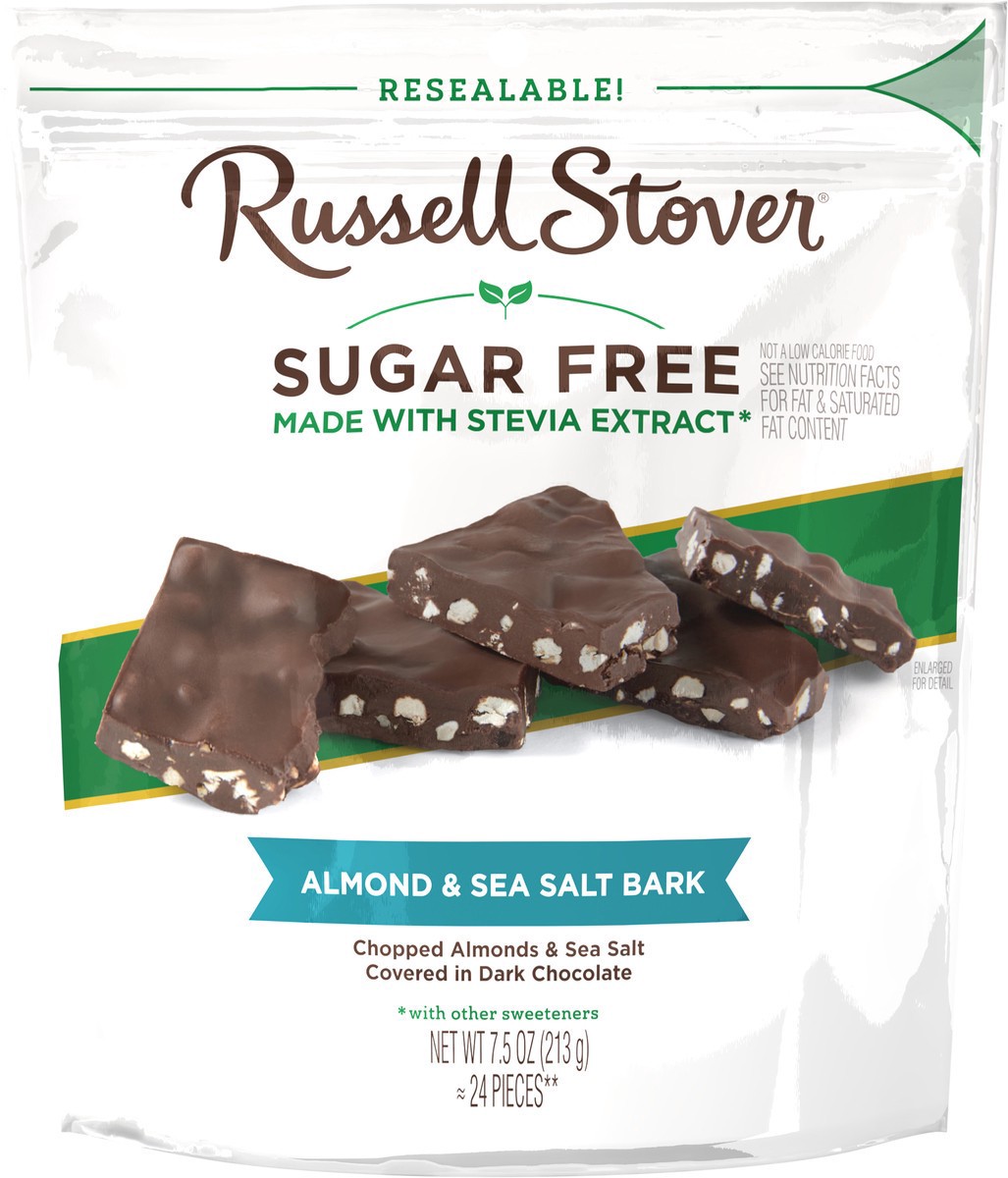 slide 3 of 13, RUSSELL STOVER Sugar Free Dark Chocolate Almond & Sea Salt Bark, 7.5 oz bag, 7.5 oz