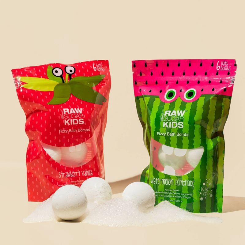slide 3 of 5, Raw Sugar Kids' Bath Bomb - Watermelon + Lemonade - 9.6oz/6ct, 9.6 oz, 6 ct
