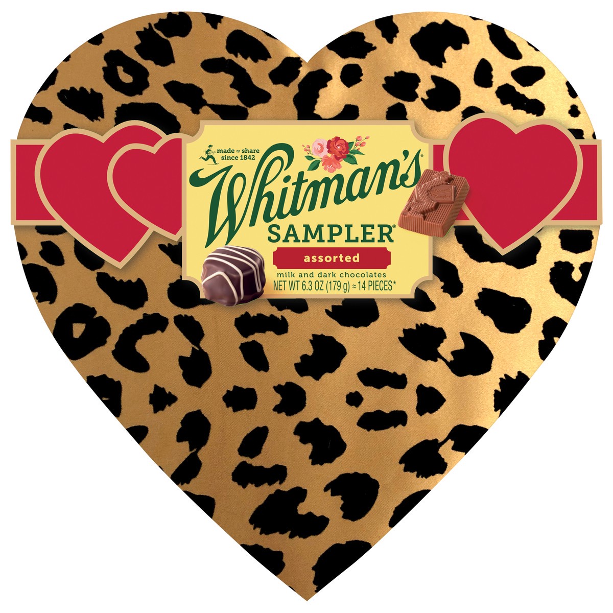 slide 1 of 1, WHITMAN'S SAMPLER Valentine's Day Cheetah Heart Assorted Milk & Dark Chocolate Gift Box, 6.3 oz. (14 pieces), 14 ct