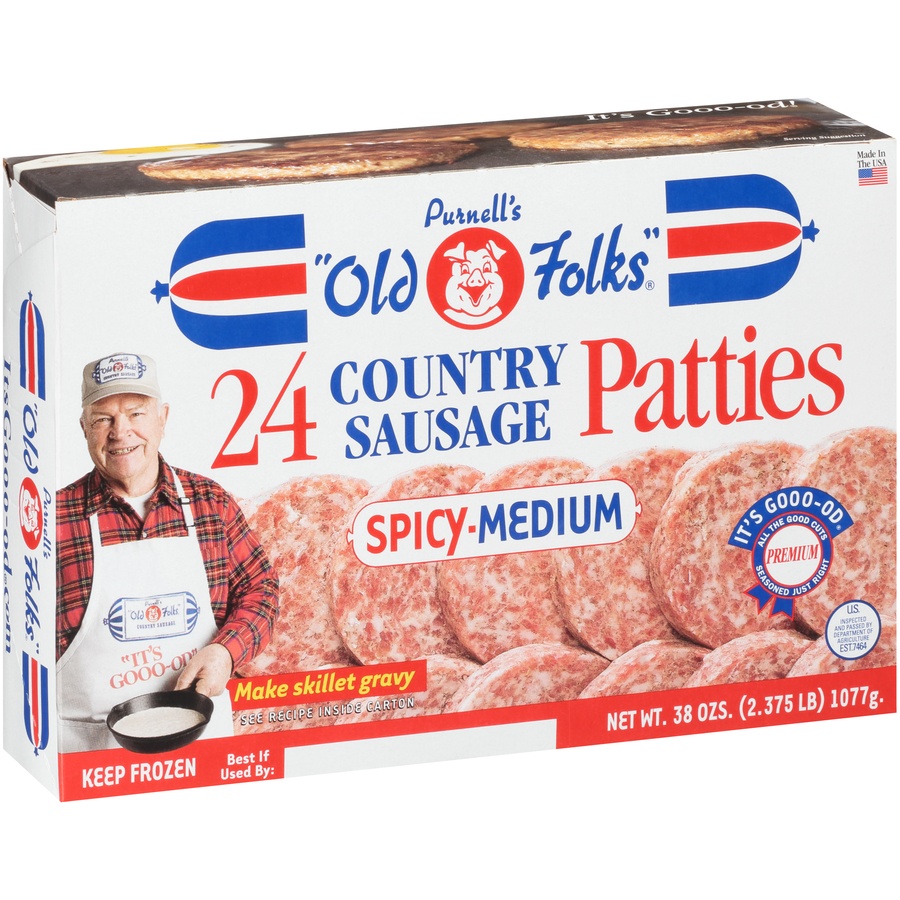 slide 2 of 8, Purnell's "Old Folks" Spicy-Medium Country Sausage Patties, 38 oz