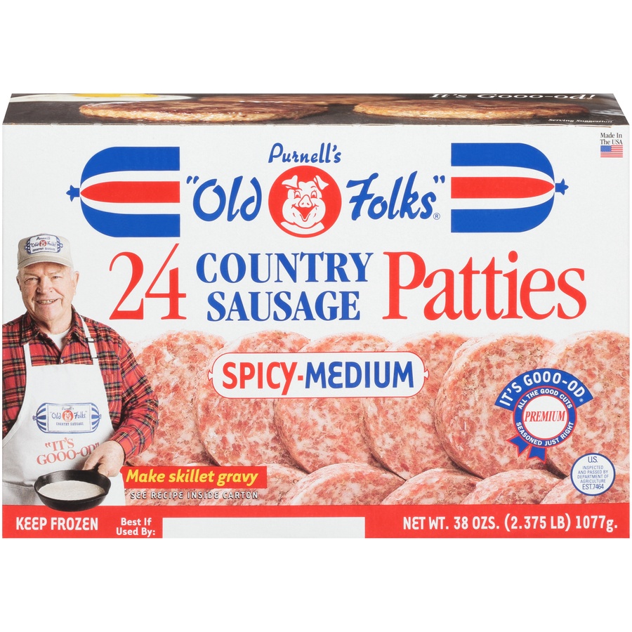 slide 1 of 8, Purnell's "Old Folks" Spicy-Medium Country Sausage Patties, 38 oz