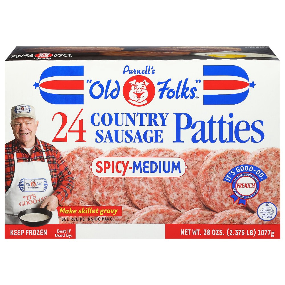slide 1 of 2, Purnell's "Old Folks" Spicy-Medium Country Sausage Patties, 38 oz