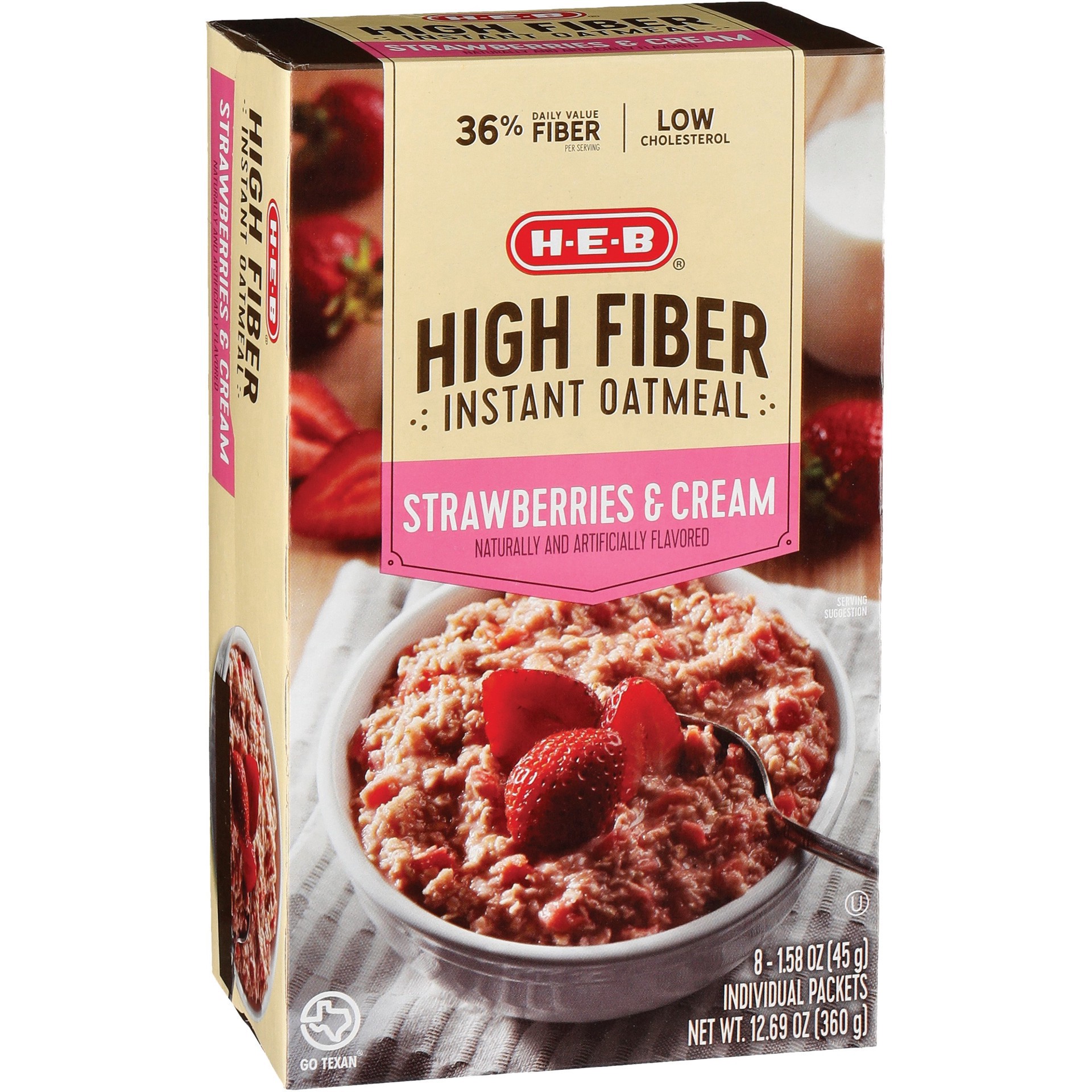 slide 1 of 1, H-E-B High Fiber Strawberries & Cream Instant Oatmeal, 8 ct