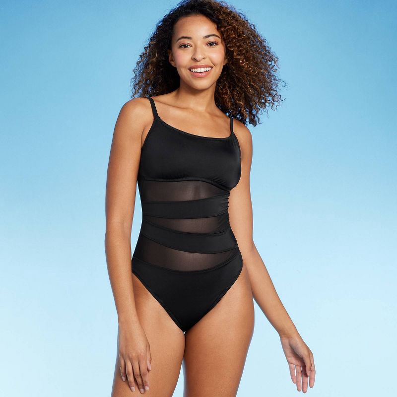 slide 1 of 6, Women'sMesh Front One Piece Swimsuit - Shade & Shore™ Black S: Chic Stretchy Tricot, Removable Cups, 1 ct