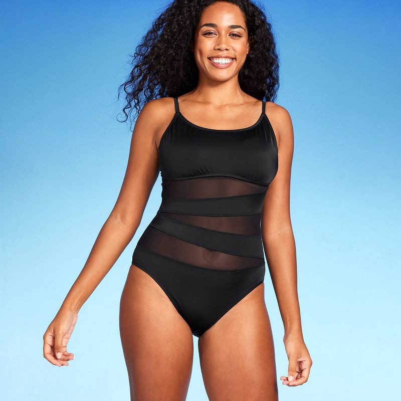 slide 5 of 6, Women'sMesh Front One Piece Swimsuit - Shade & Shore™ Black L: Chic Stretchy Tricot, Removable Cup, 1 ct