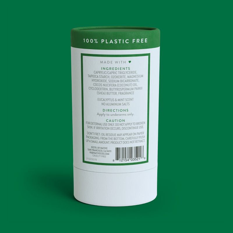 slide 6 of 10, Native Plastic Free Deodorant for Men & Women - Eucalyptus & Mint - Aluminum Free - 2.65oz, 2.65 oz