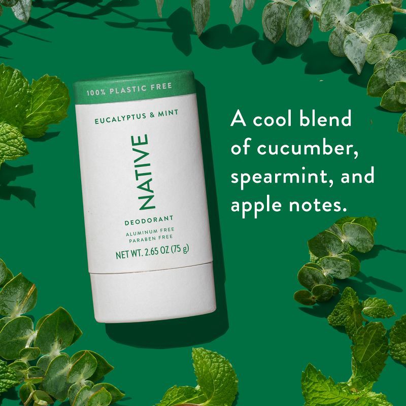 slide 9 of 10, Native Plastic Free Deodorant for Men & Women - Eucalyptus & Mint - Aluminum Free - 2.65oz, 2.65 oz
