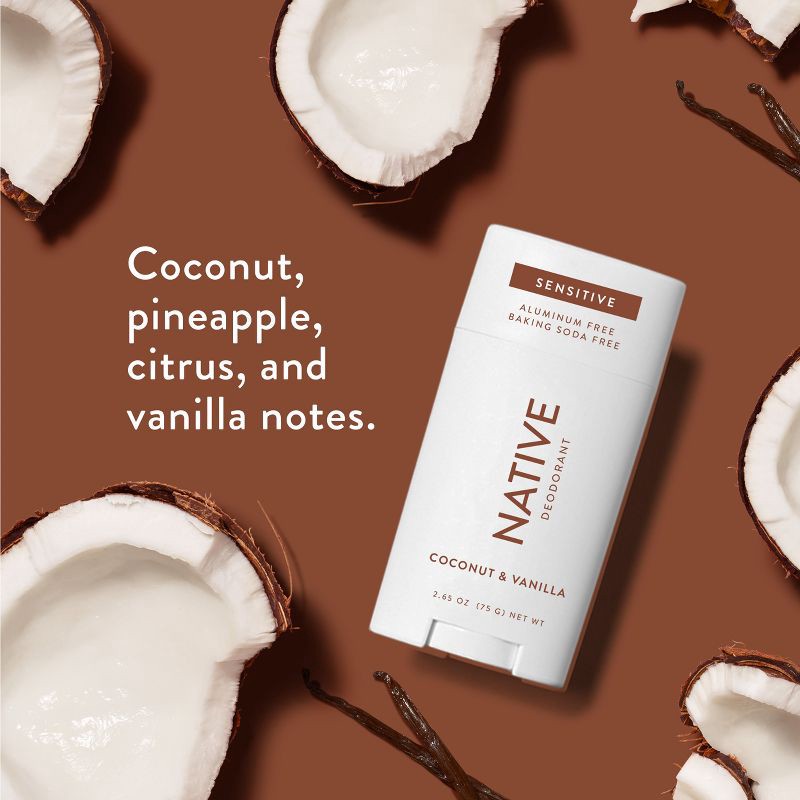 slide 3 of 10, Native Sensitive Deodorant for Women & Men - Coconut & Vanilla - No Baking Soda - 2.65oz, 2.65 oz