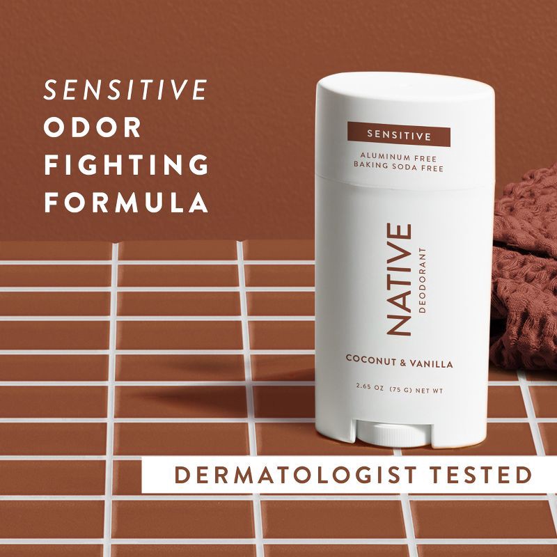 slide 7 of 10, Native Sensitive Deodorant for Women & Men - Coconut & Vanilla - No Baking Soda - 2.65oz, 2.65 oz