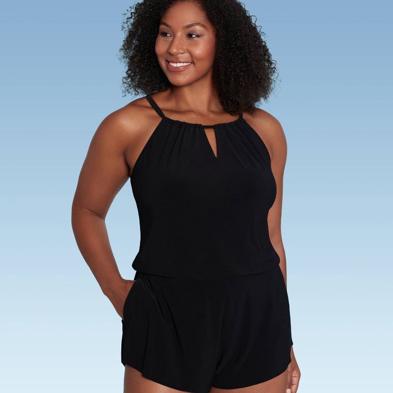 Women's UPF 50 High Neck Swim Romper with Pockets One Piece Swimsuit - Aqua  Green® Black M